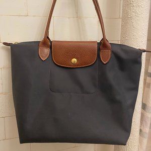 Longchamp Le Pilage Medium Black Tote, Brown Leather Straps